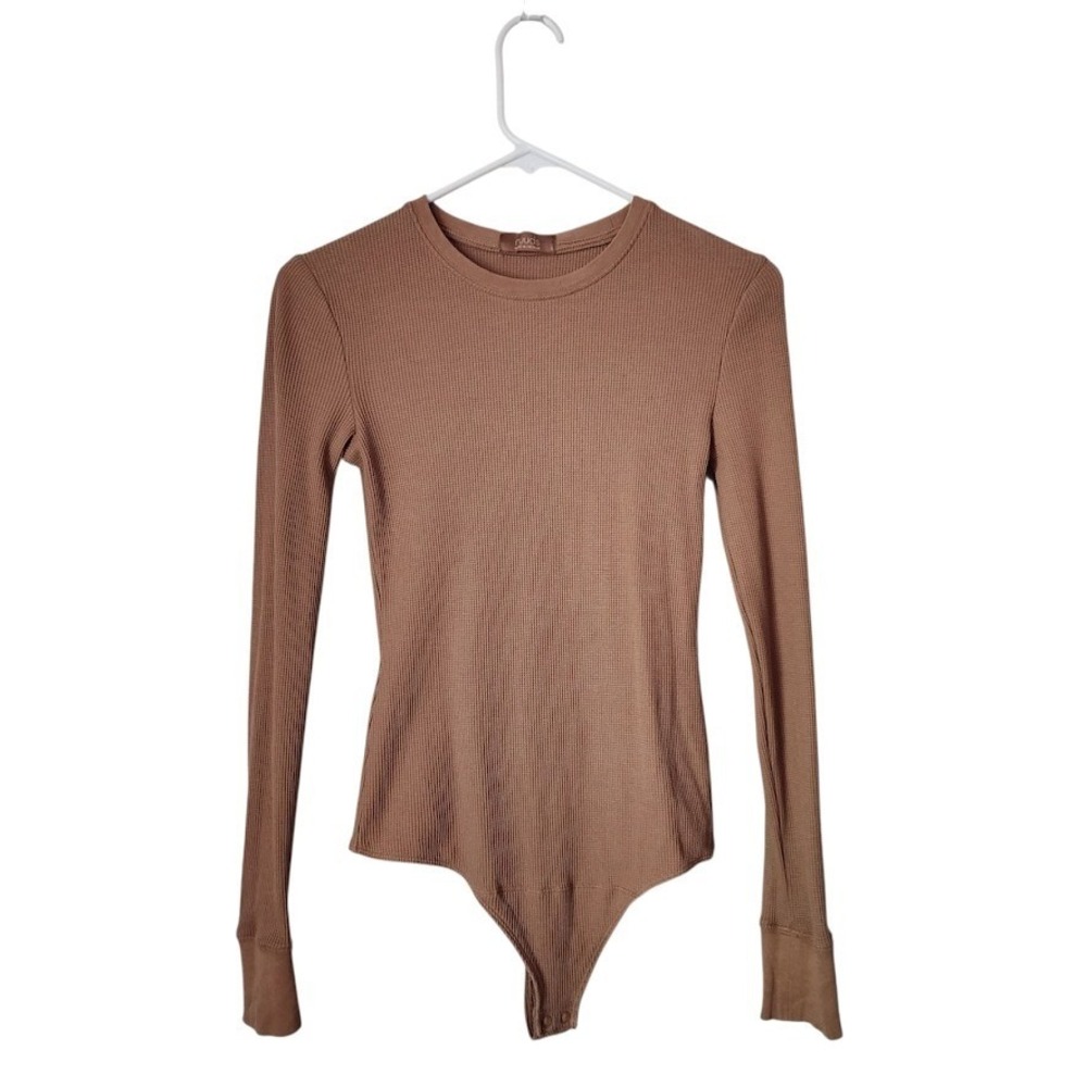 NUUDS long sleeve ribbed bodysuit in mocha brown minimalist basic S